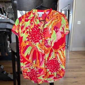 Cupcakes & Cashmere Red Graphic Mandarin Collar Blouse